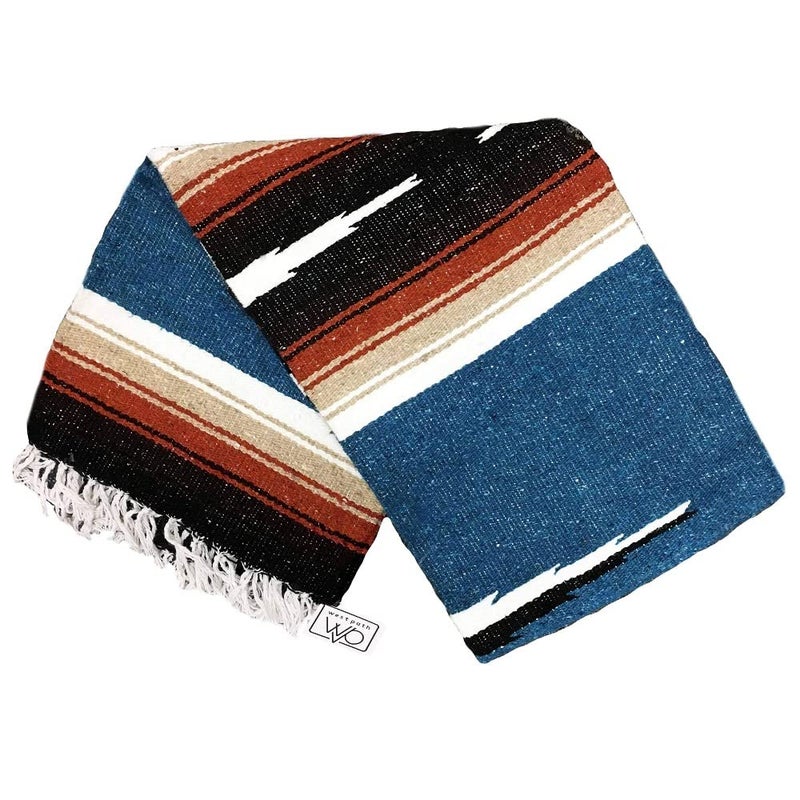 Open Road Goods Blue Mexican Yoga Blanket - Thick Diamond Serape Indigo with Tan/Khaki and Red/Maroon Stripes - Image 1